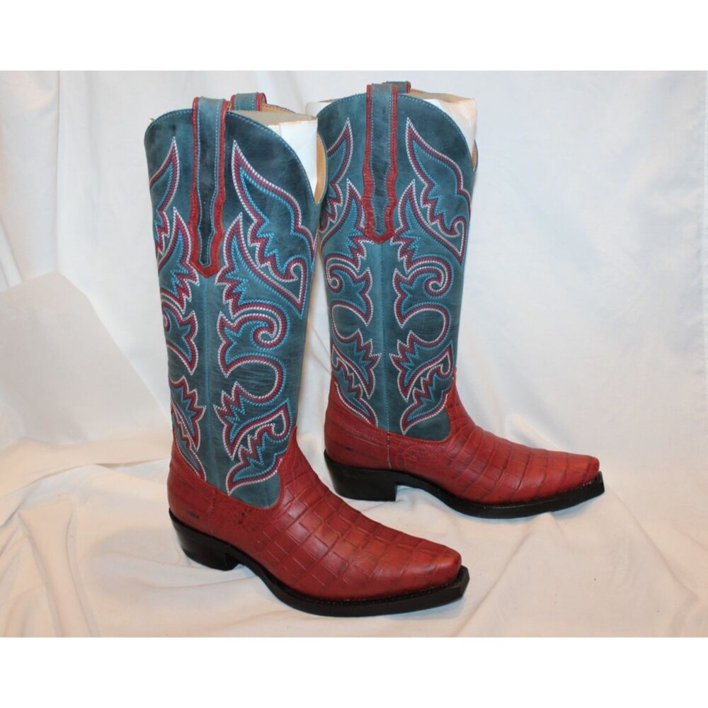 Mahan Exotic Women's Crocodile Leather Tall Boots Made In USA Red Blue sz 7 $700